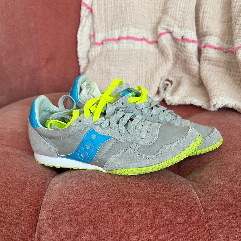 Saucony BULLET Gray, Blue and Neon Yellow Sneakers Classic Low-Top Design